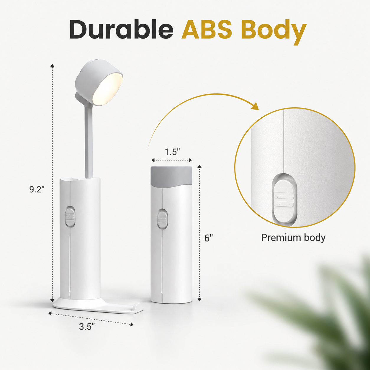 White LED desk lamp with measurements and durability text on a white background
