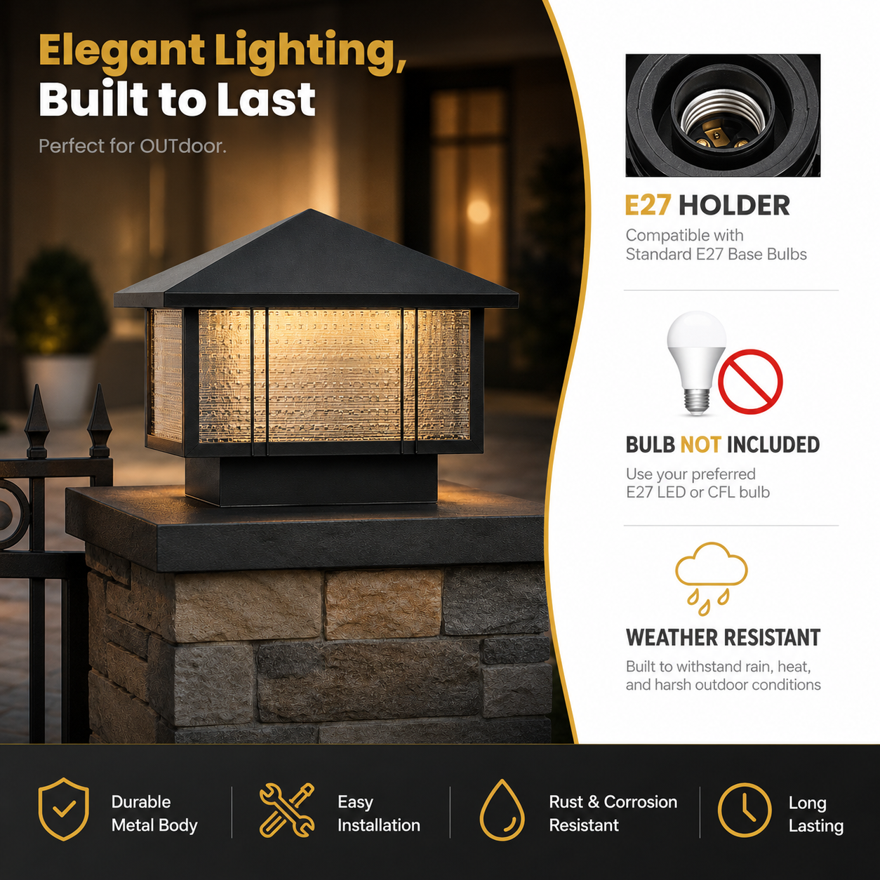 Outdoor light fixture with features highlighted on a dark background