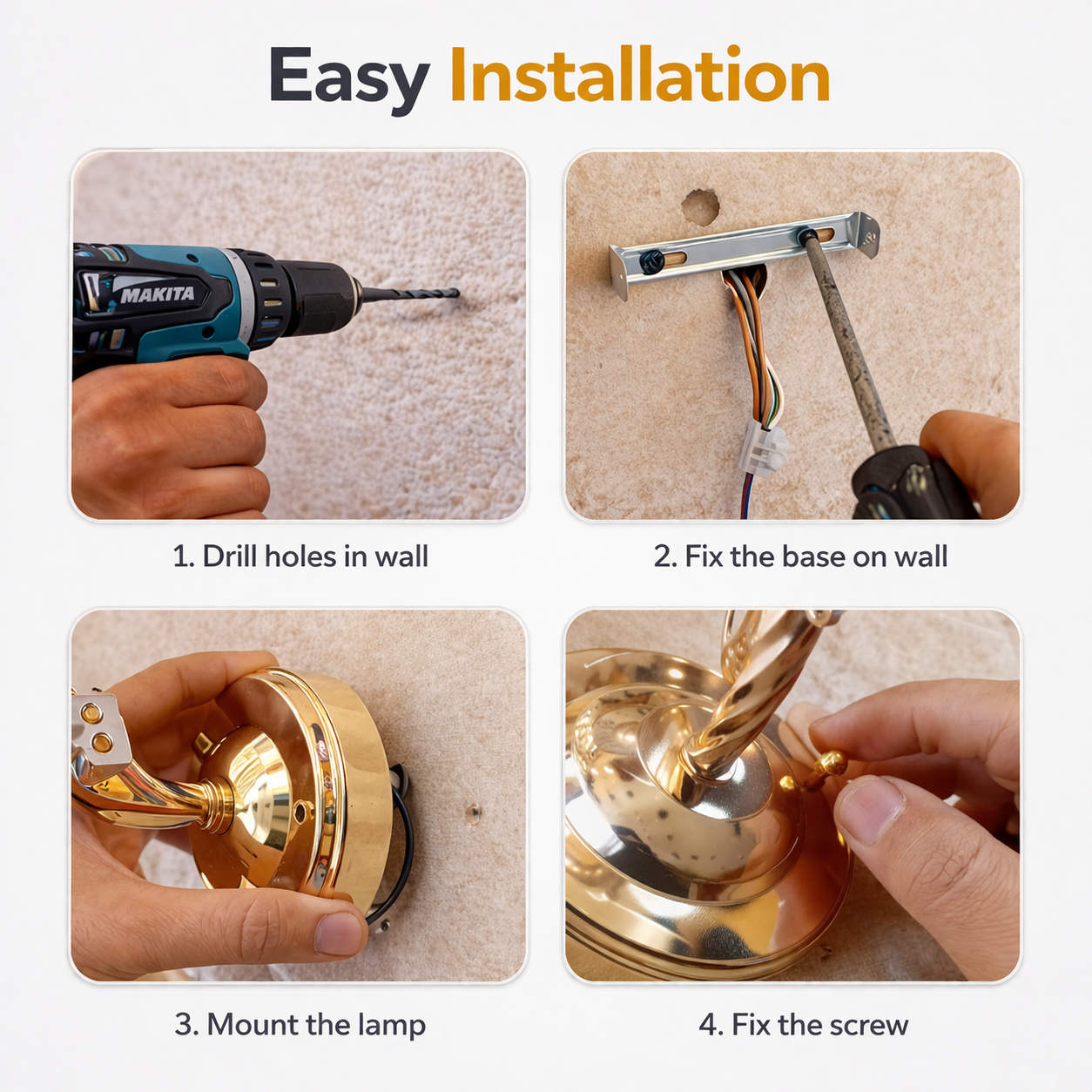 Tightening screw on gold wall sconce base for secure installation