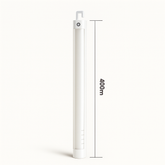 White cylindrical device with measurement details on a white background