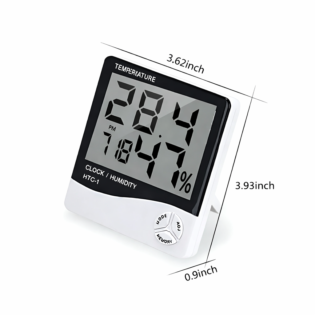 Digital thermometer with clock and humidity display, showing measurements on a white background.