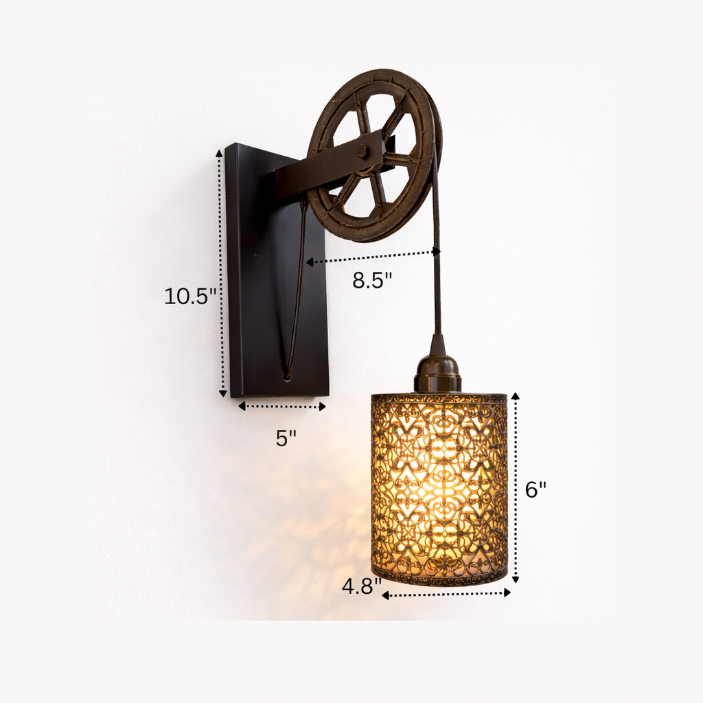 Wall-mounted industrial-style lamp with decorative shade and measurement markings on a white background