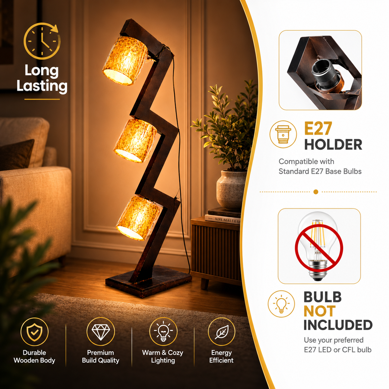 Modern floor lamp with decorative glass shades in a living room setting, featuring product details on the right.