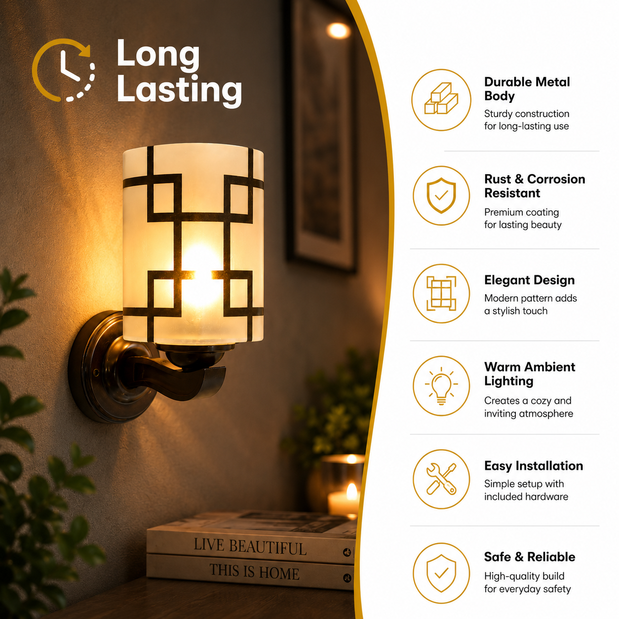 Wall-mounted light fixture with features listed on the right, in a home setting.