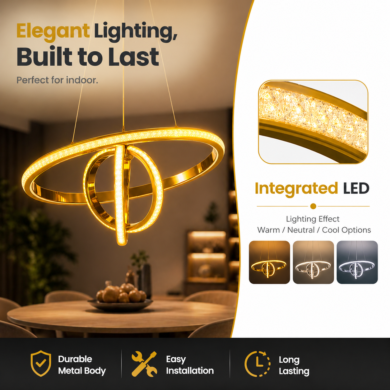 Chandelier with integrated LED lighting in a home setting, highlighting features like durability and installation ease.
