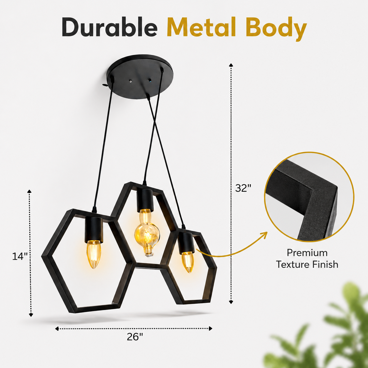 Black pendant light with hexagonal design, showing dimensions and texture finish details.