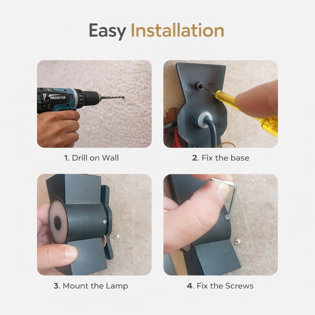 Step-by-step guide to installing a lamp with text 'Easy Installation'.