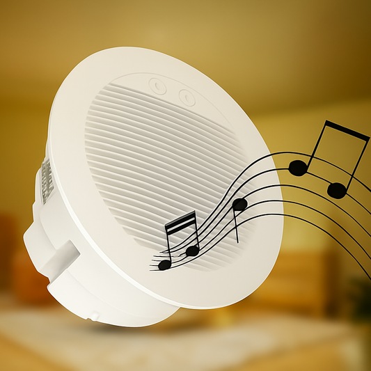 White speaker with music notes on a blurred background