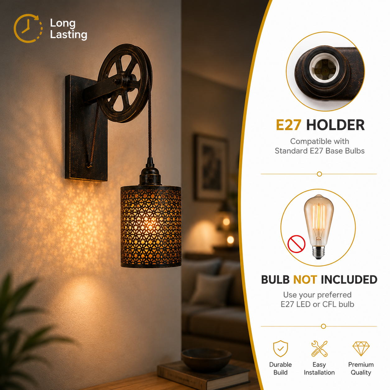 Industrial Pulley Wall Lamp Metal Lantern Warm Glow