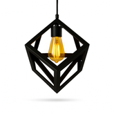 Black geometric pendant light with a yellow light bulb on a white background