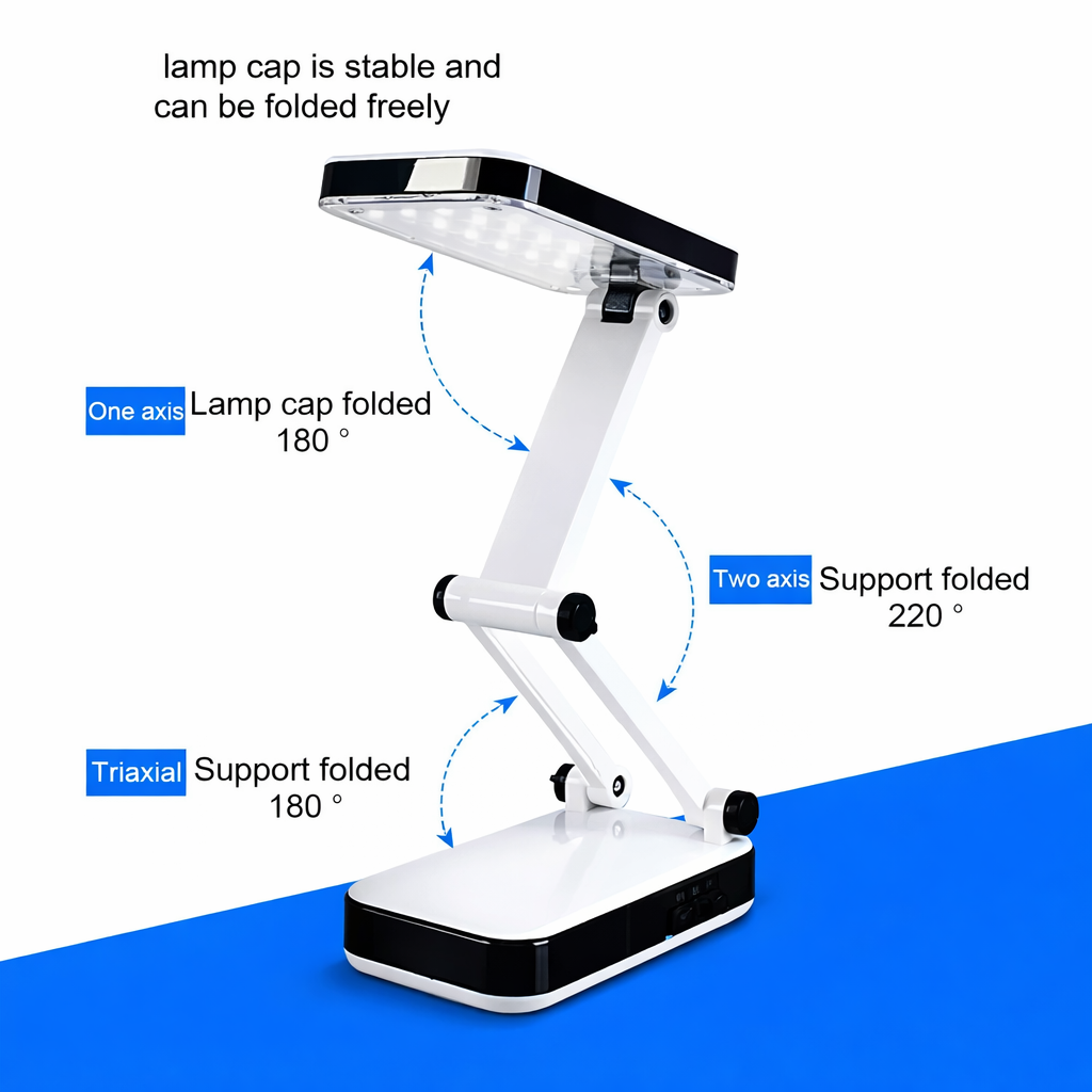 Foldable desk lamp with labeled axes on a white background