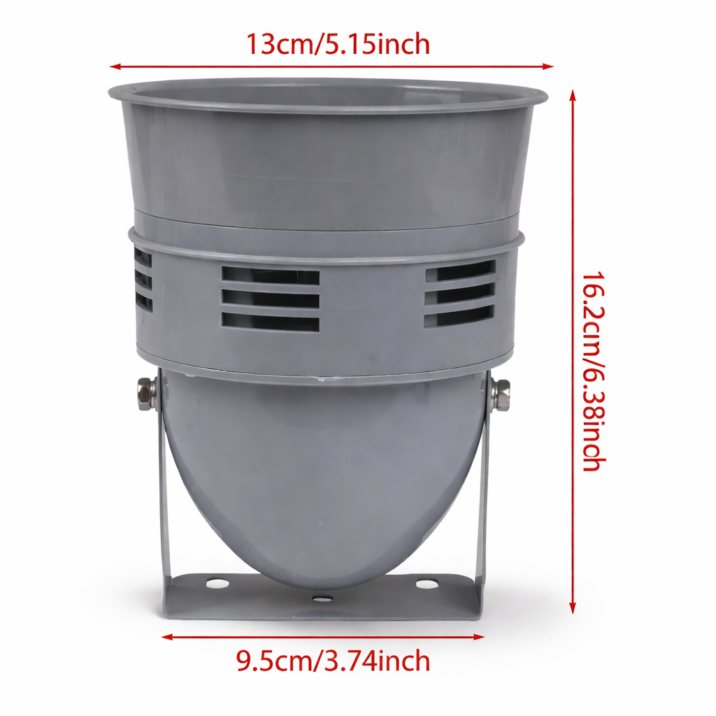 Gray metal vent with dimensions indicated on a white background