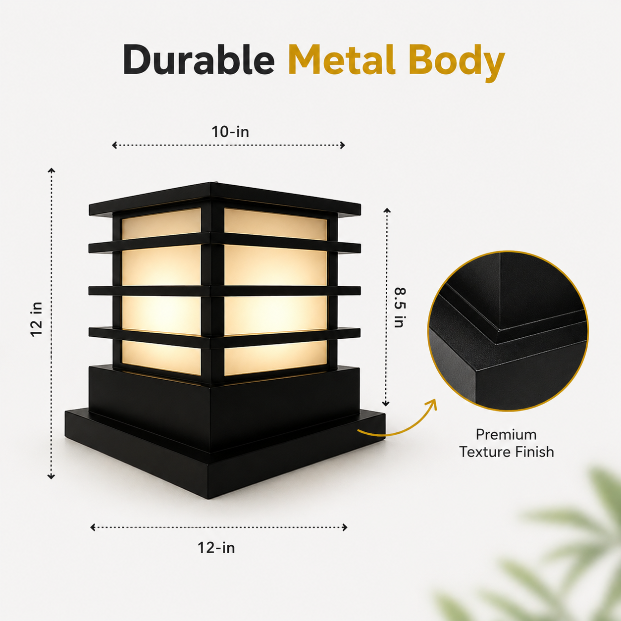 Outdoor light fixture with dimensions and durability features highlighted on a white background