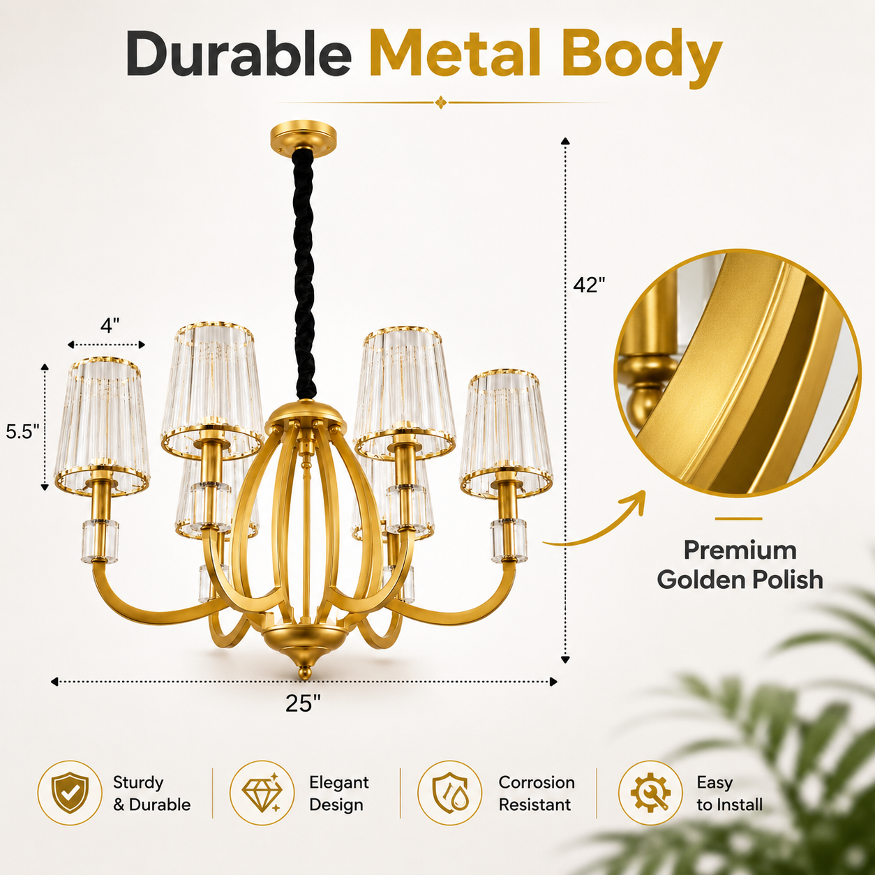Gold chandelier with measurements and durability features on a white background