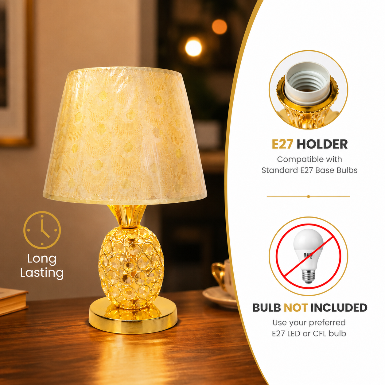 Gold table lamp with decorative base on a wooden surface, featuring E27 holder and bulb compatibility information.