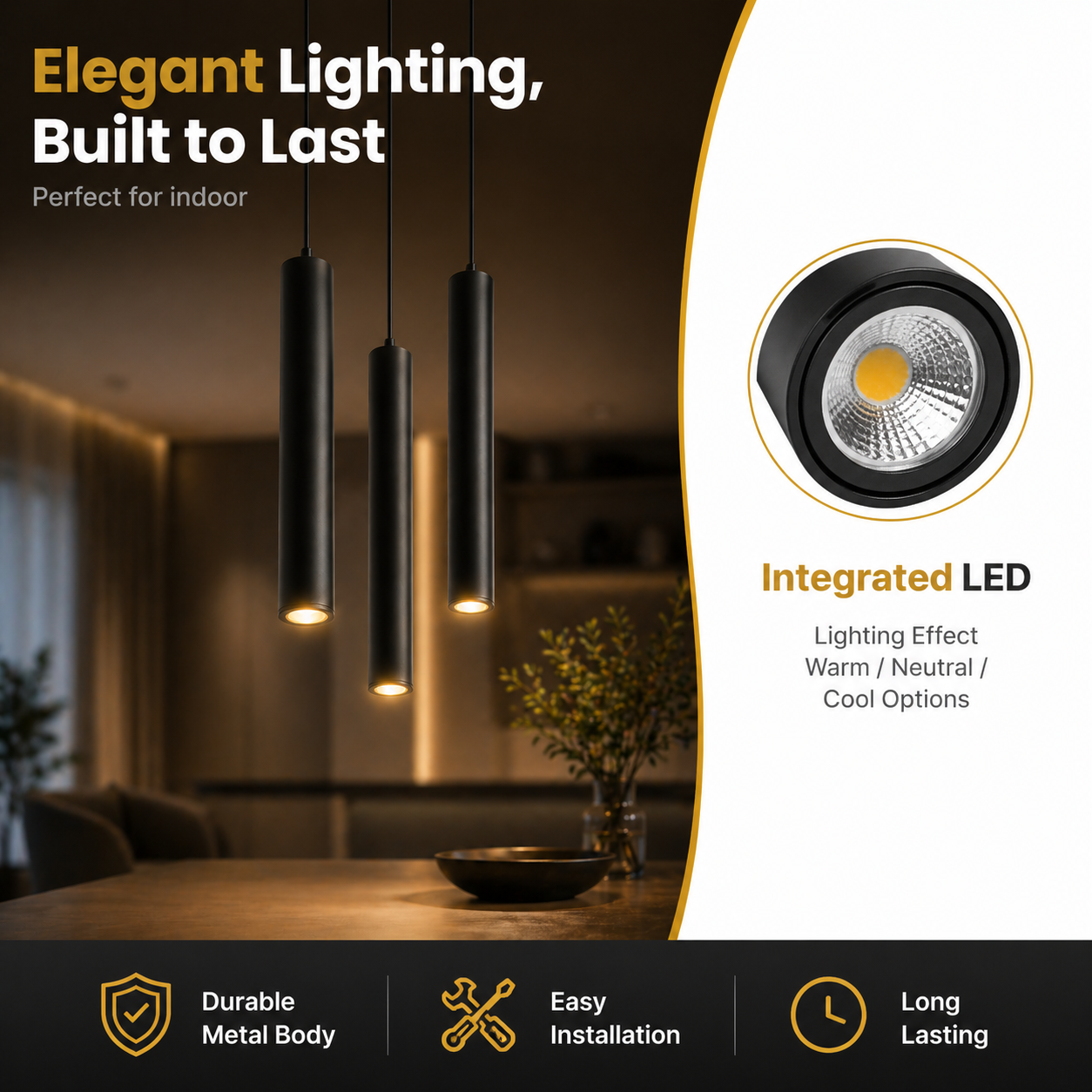 Advertisement for integrated LED lights with a dining room setting in the background.