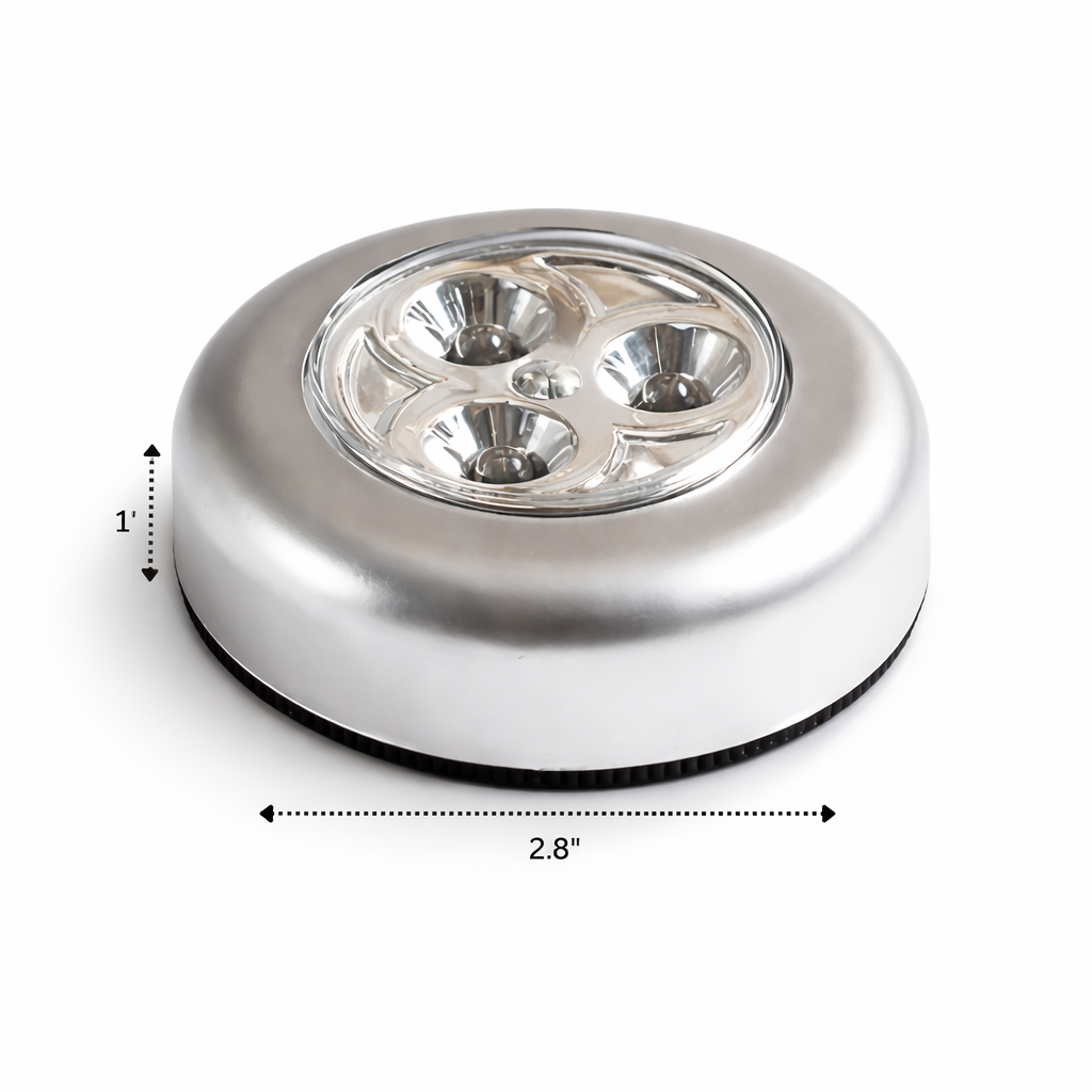 Silver LED puck light with dimensions on a white background