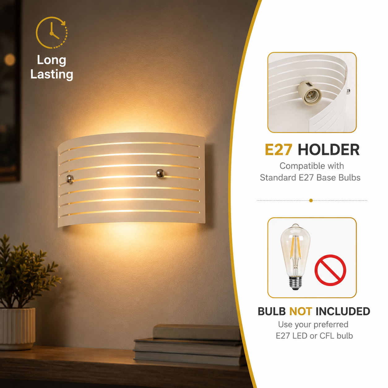 Wall-mounted light fixture with E27 holder and bulb compatibility information on a neutral background.
