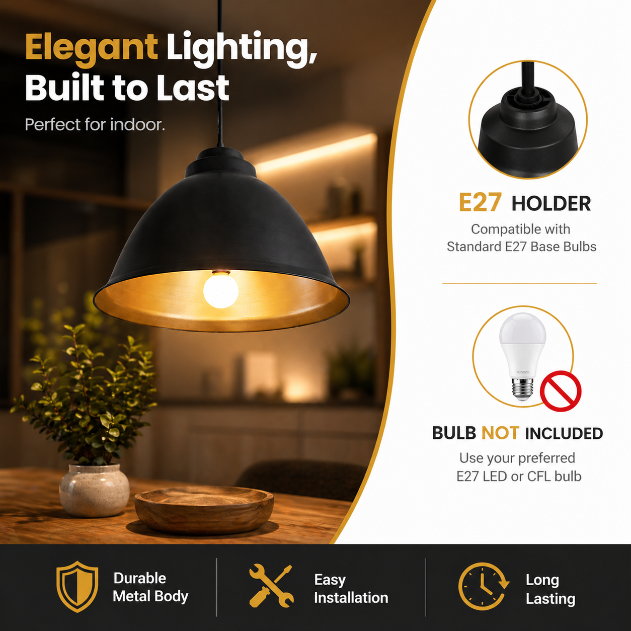 Black pendant light with E27 holder and bulb compatibility information on a blurred indoor background.