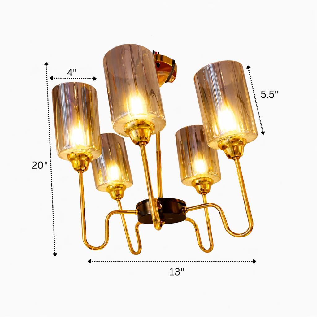 Chandelier with gold accents and clear glass shades, showing dimensions on a white background.