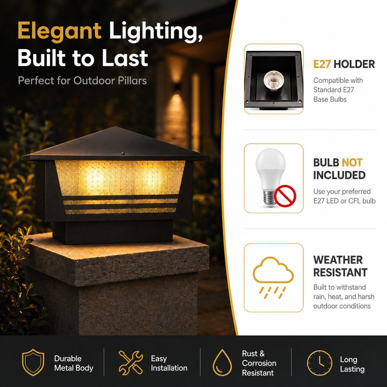 Outdoor light fixture with features highlighted on a dark background