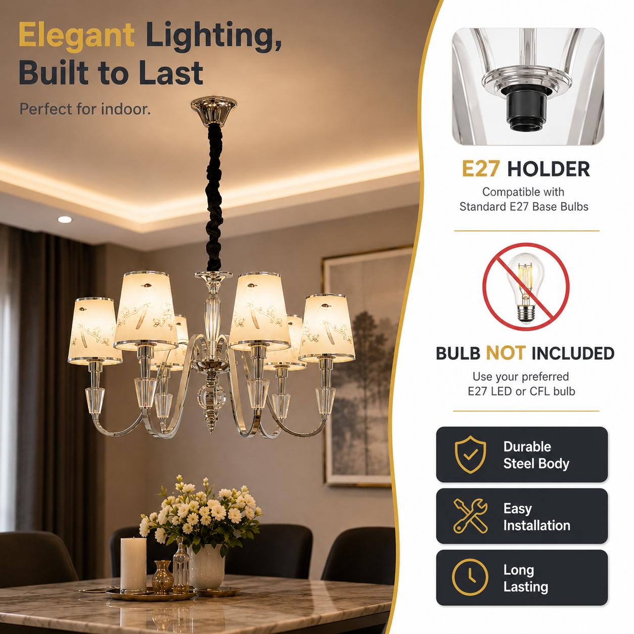 Chandelier in a room with product details on the right side.