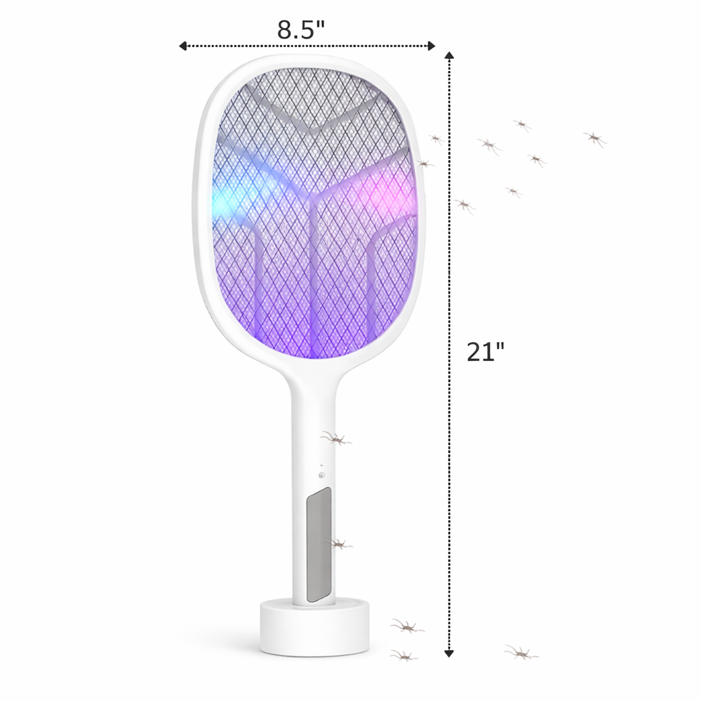 Insect swatter with purple light and measurements on a white background