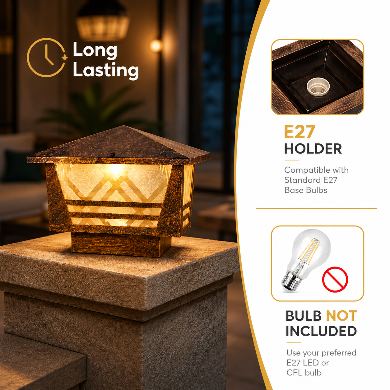 Outdoor light fixture with E27 holder and bulb compatibility information.