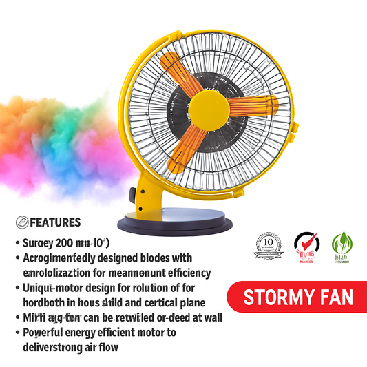 Yellow and orange fan with colorful smoke effect on a white background