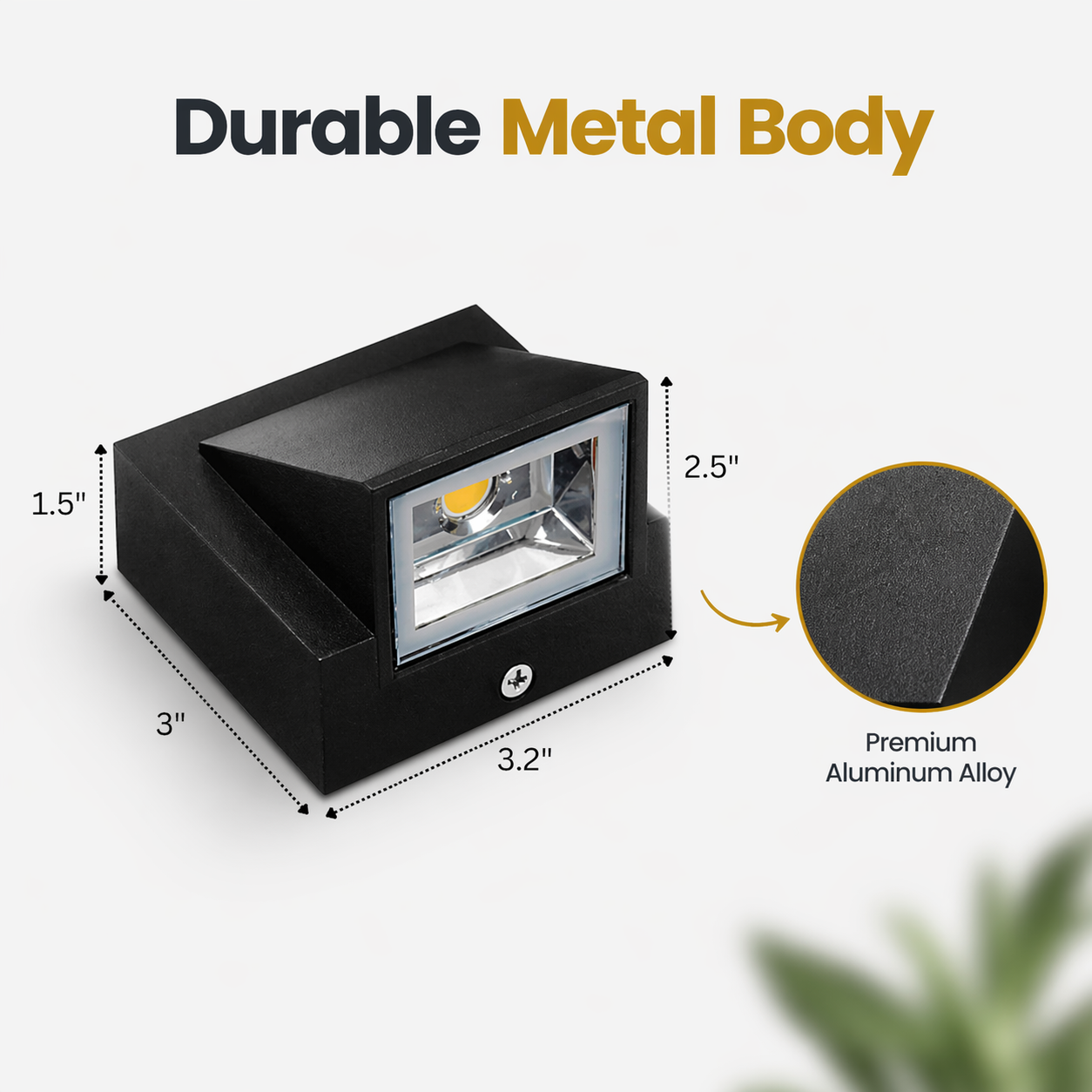 Black LED light with dimensions and material details on a white background