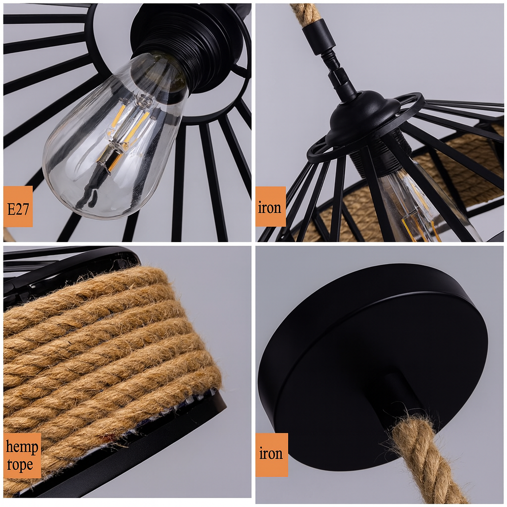 Close-up of E27 bulb and iron cage structure rope chandelier.