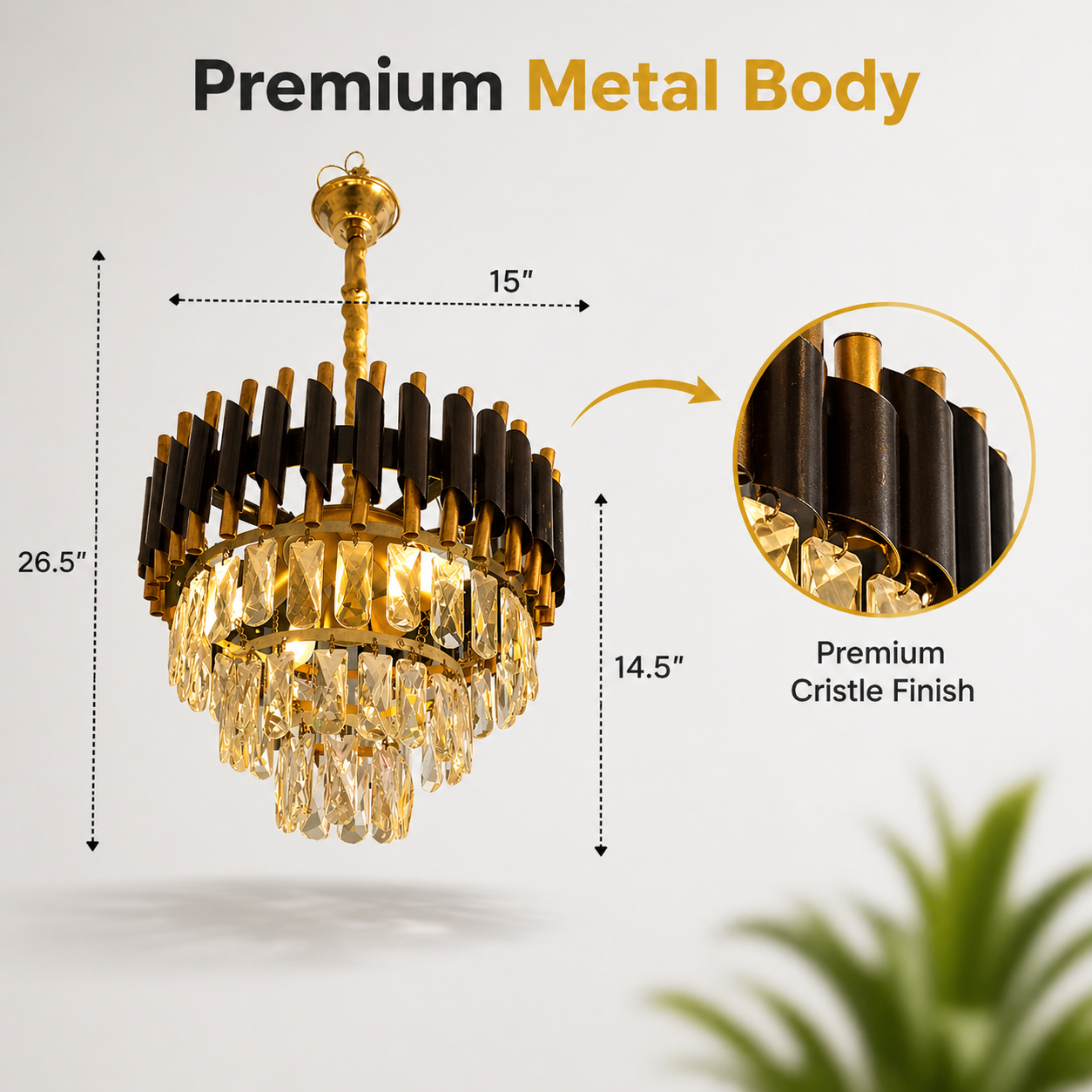 Chandelier with measurements and details on a light gray background
