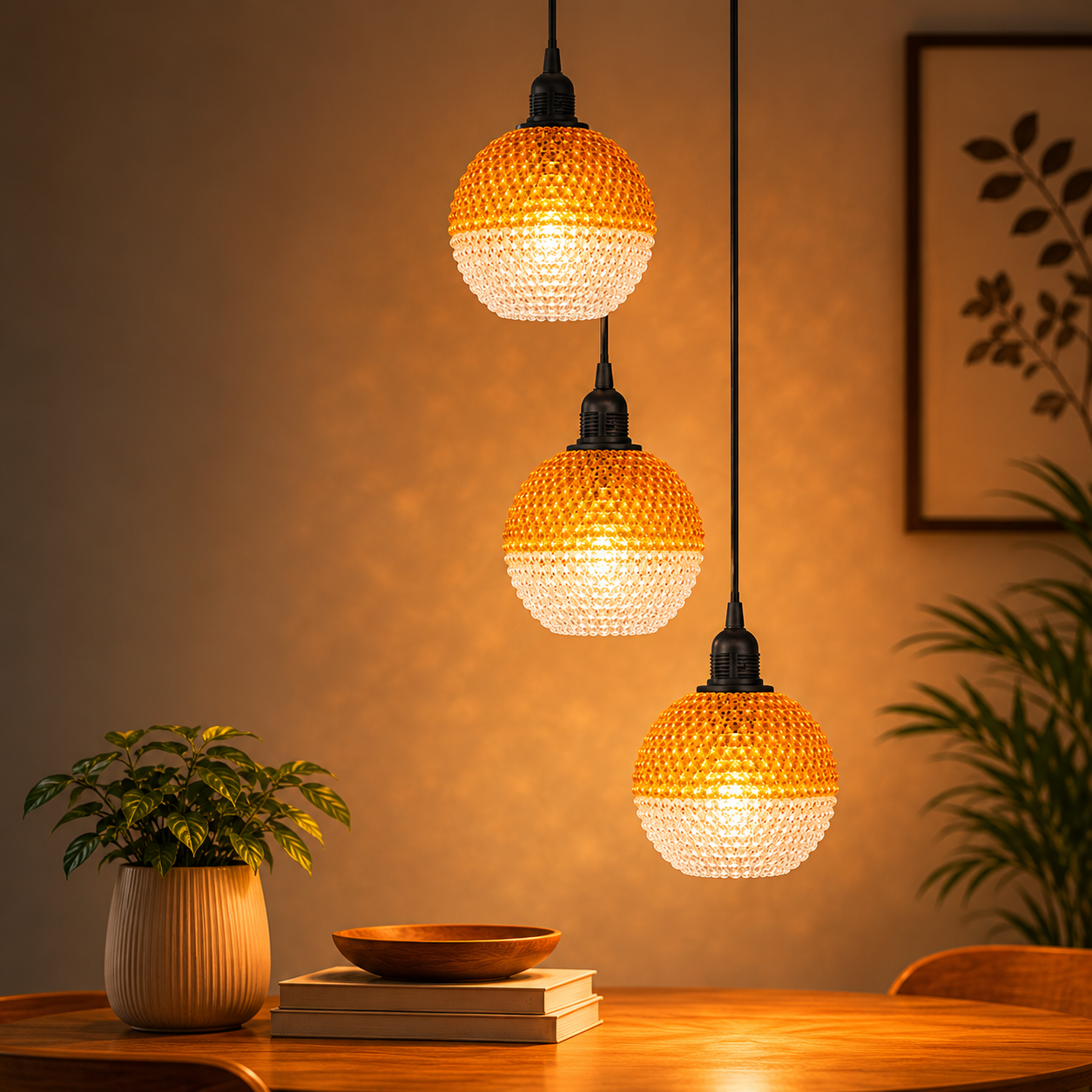 Three decorative pendant lights on a wooden surface with a warm ambiance