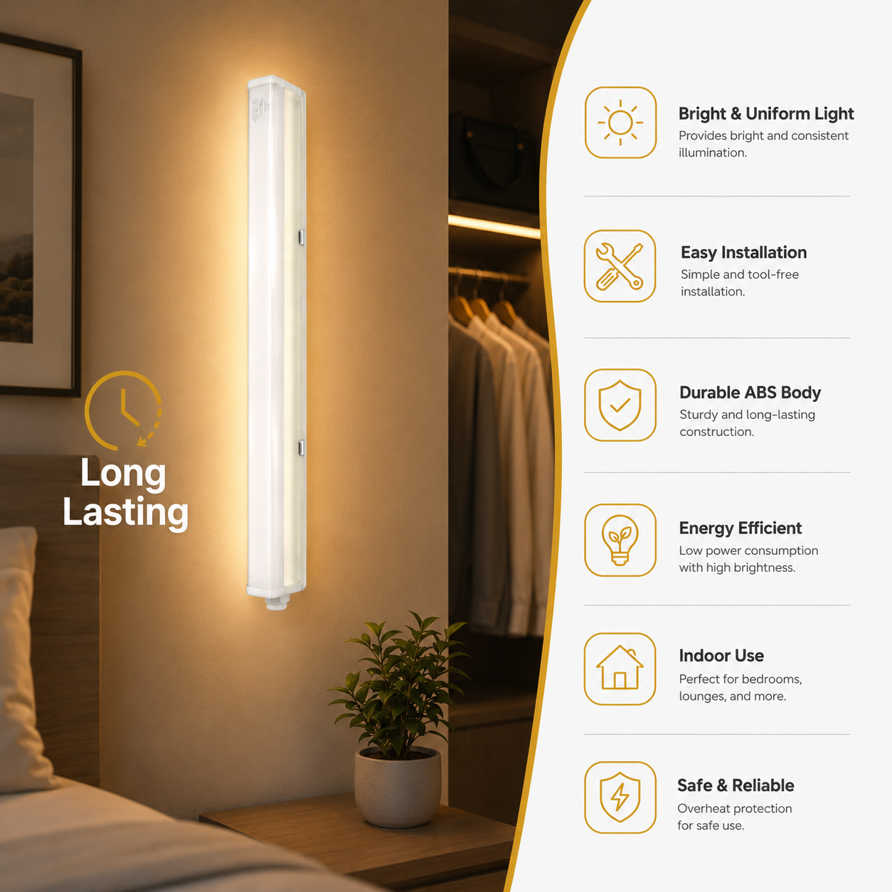 Wall-mounted light fixture in a bedroom setting with features listed on the right.