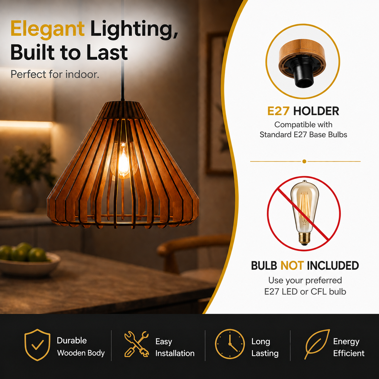 Wooden pendant light with E27 holder and bulb compatibility information in a home setting.