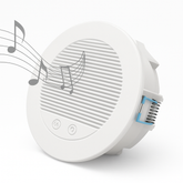 White electronic device with musical notes on a white background