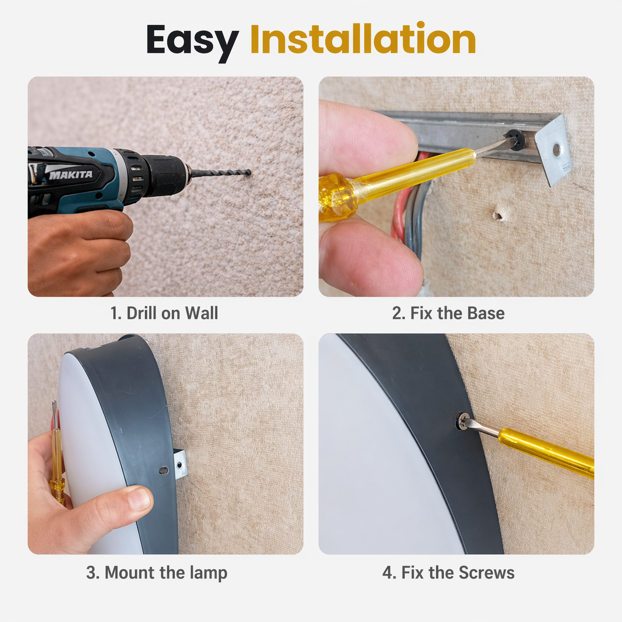 Step-by-step installation guide for a lamp with tools and actions.