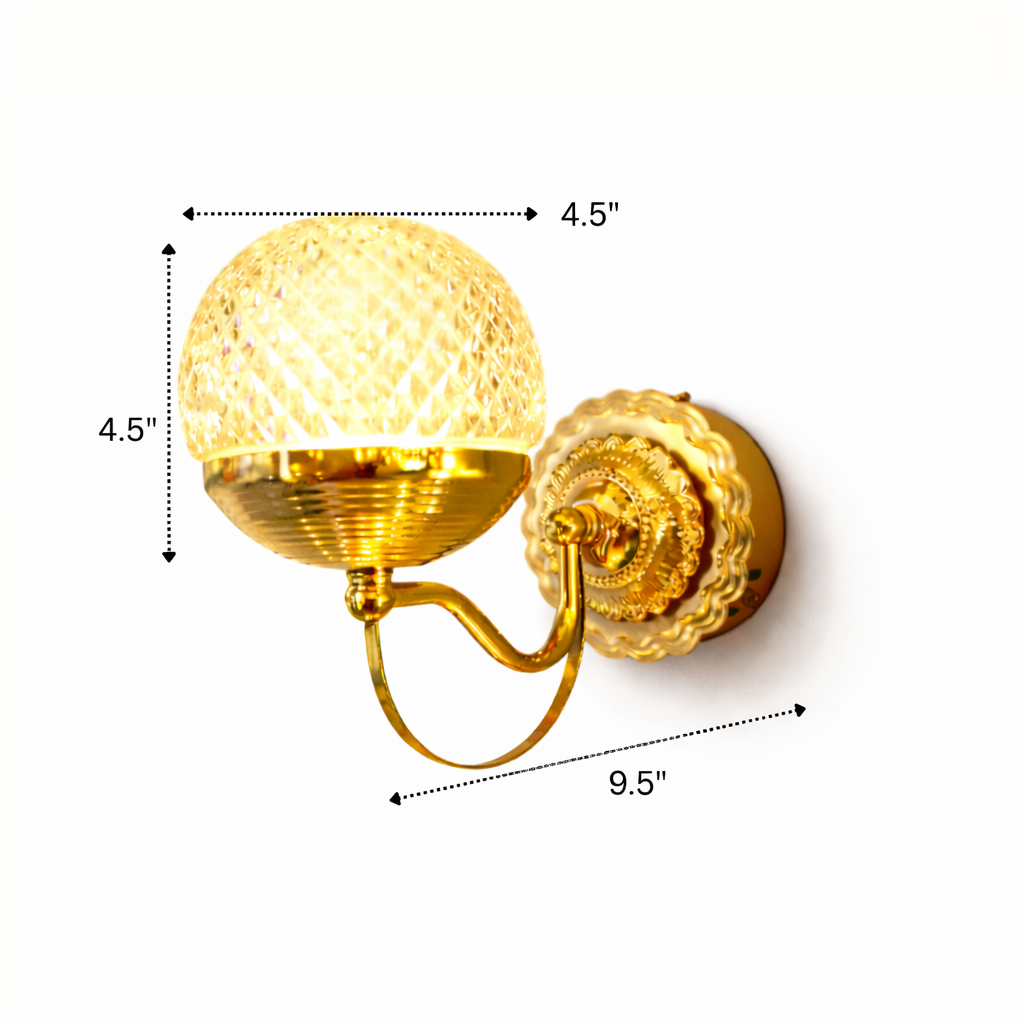 Gold wall sconce with dimensions indicated on a white background