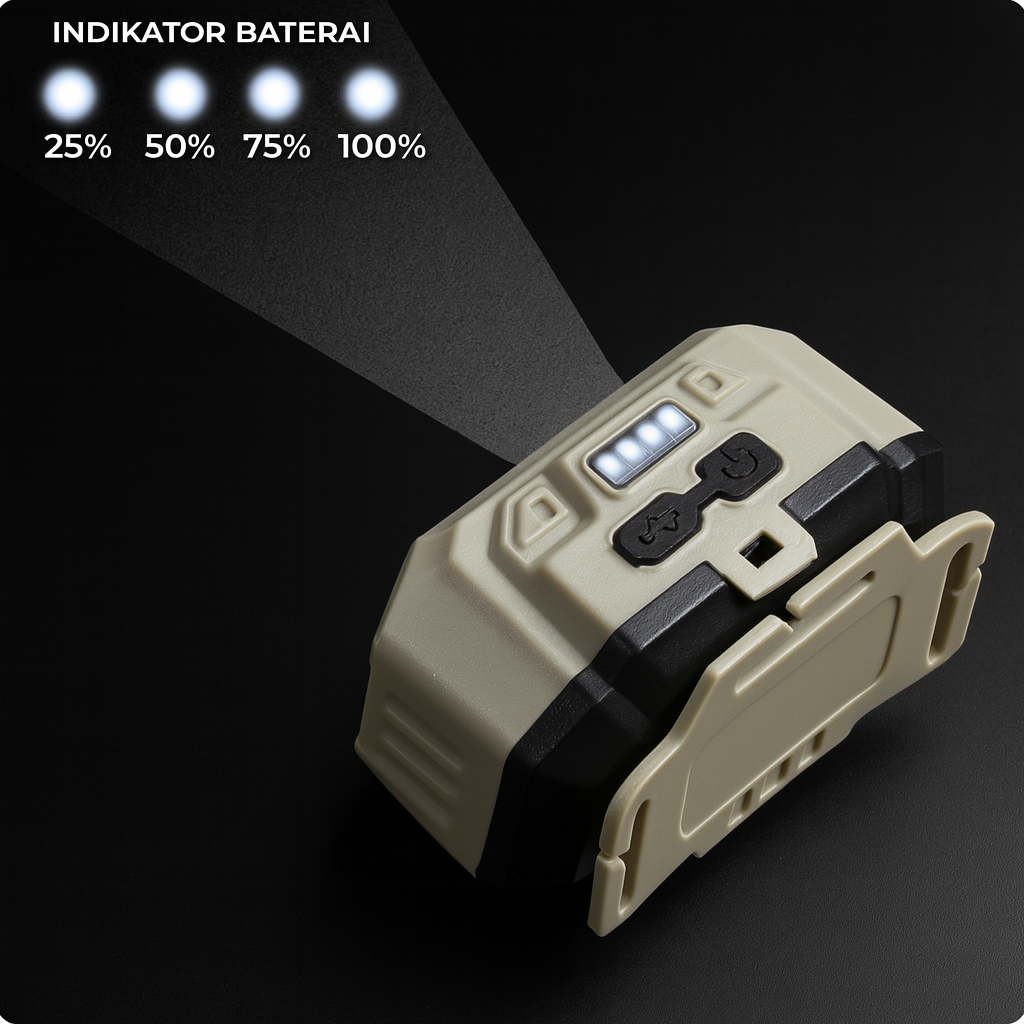 LED headlamp showing battery indicator lights from 25 to 100 percent on black background