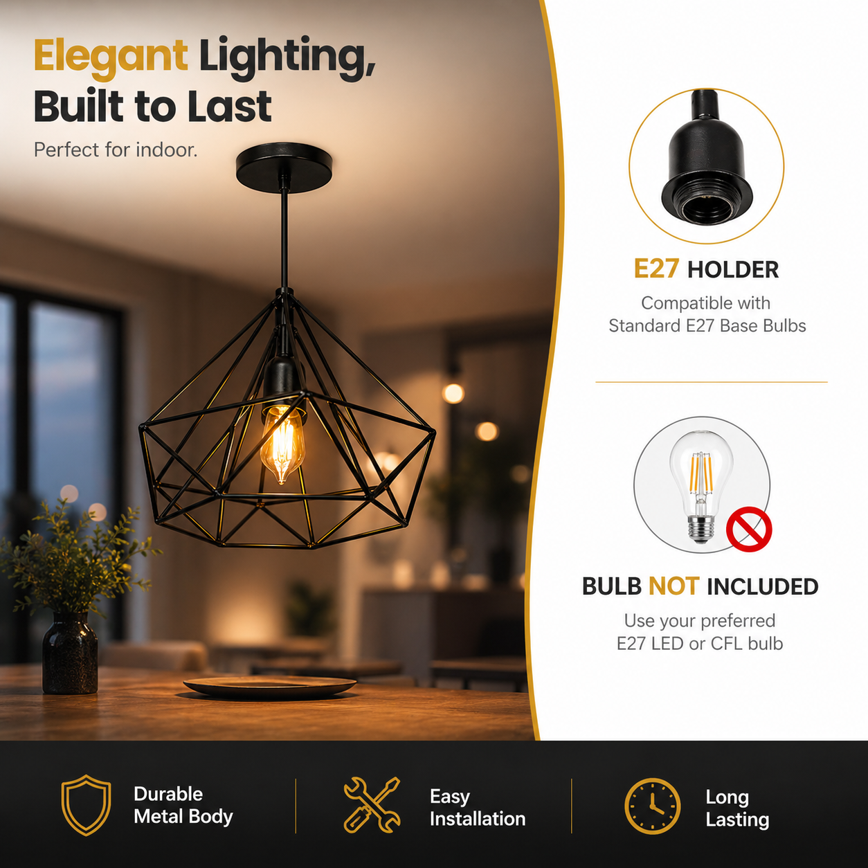 Black geometric pendant light fixture with bulb, suitable for indoor use, on a blurred background.