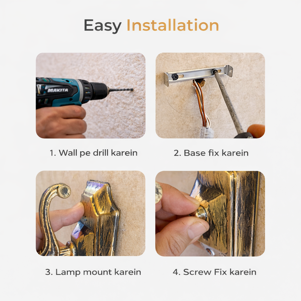 wall lamp installation step drilling wall with power drill