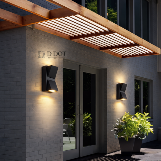 Outdoor setting with a wooden pergola, wall lights, and plants.