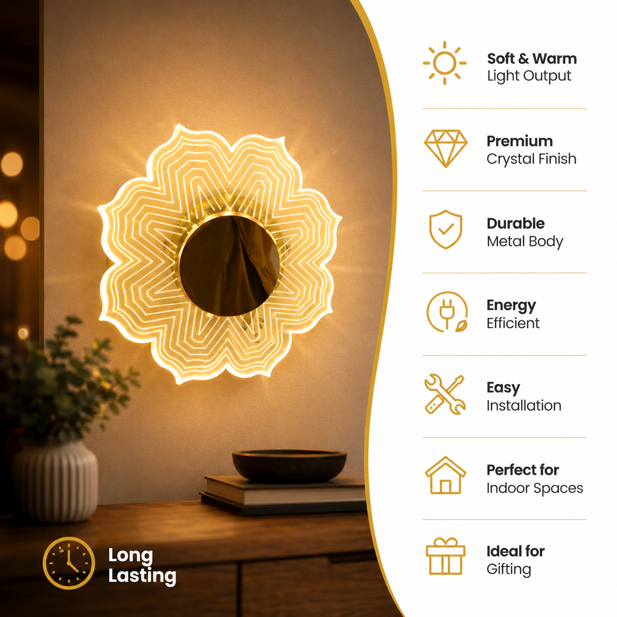 Decorative wall light with features listed on the right