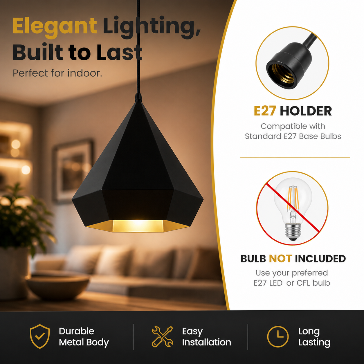 warm glowing pendant lamp with gold inner finish detail