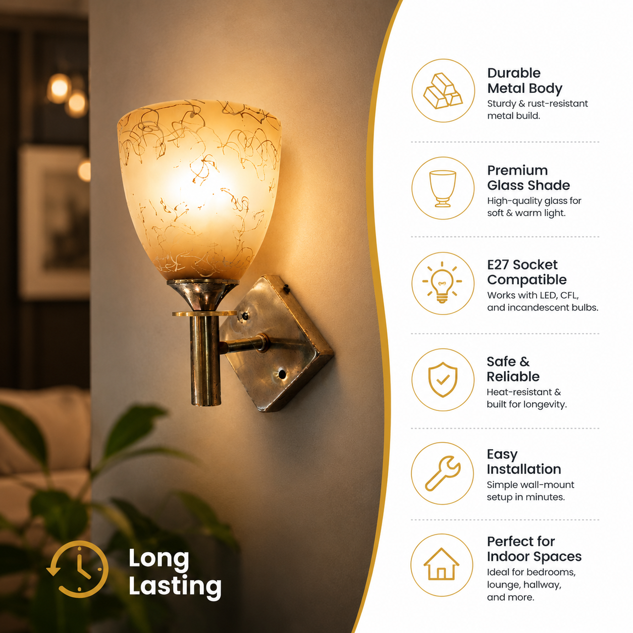 Wall-mounted light fixture with decorative glass shade in a home setting, featuring durability and installation details.