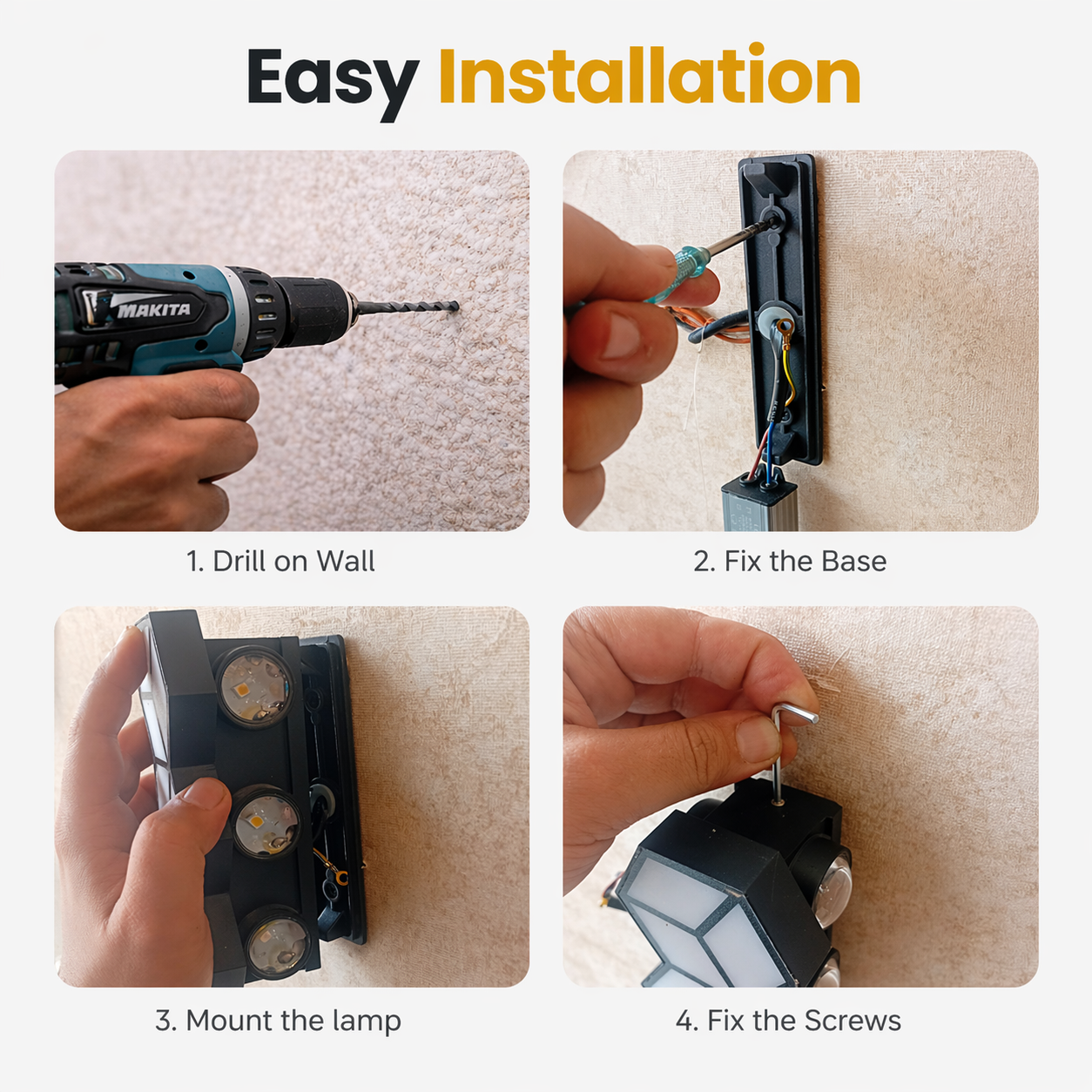 Step-by-step installation process of a light fixture with Makita drill.
