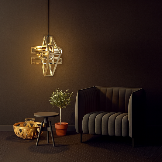 Gold geometric pendant light with modern metal frame design