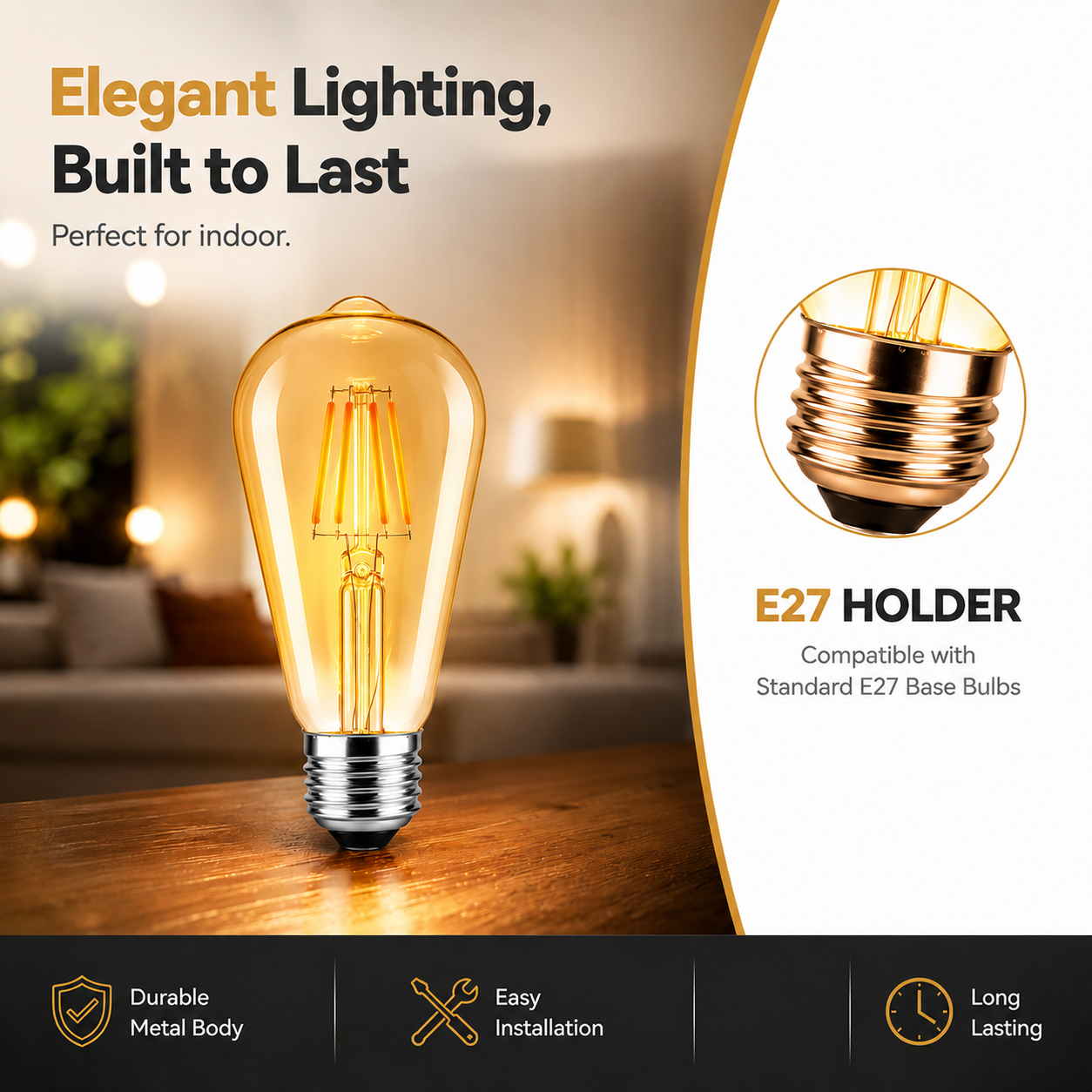 Vintage-style light bulb with E27 holder on a lifestyle background
