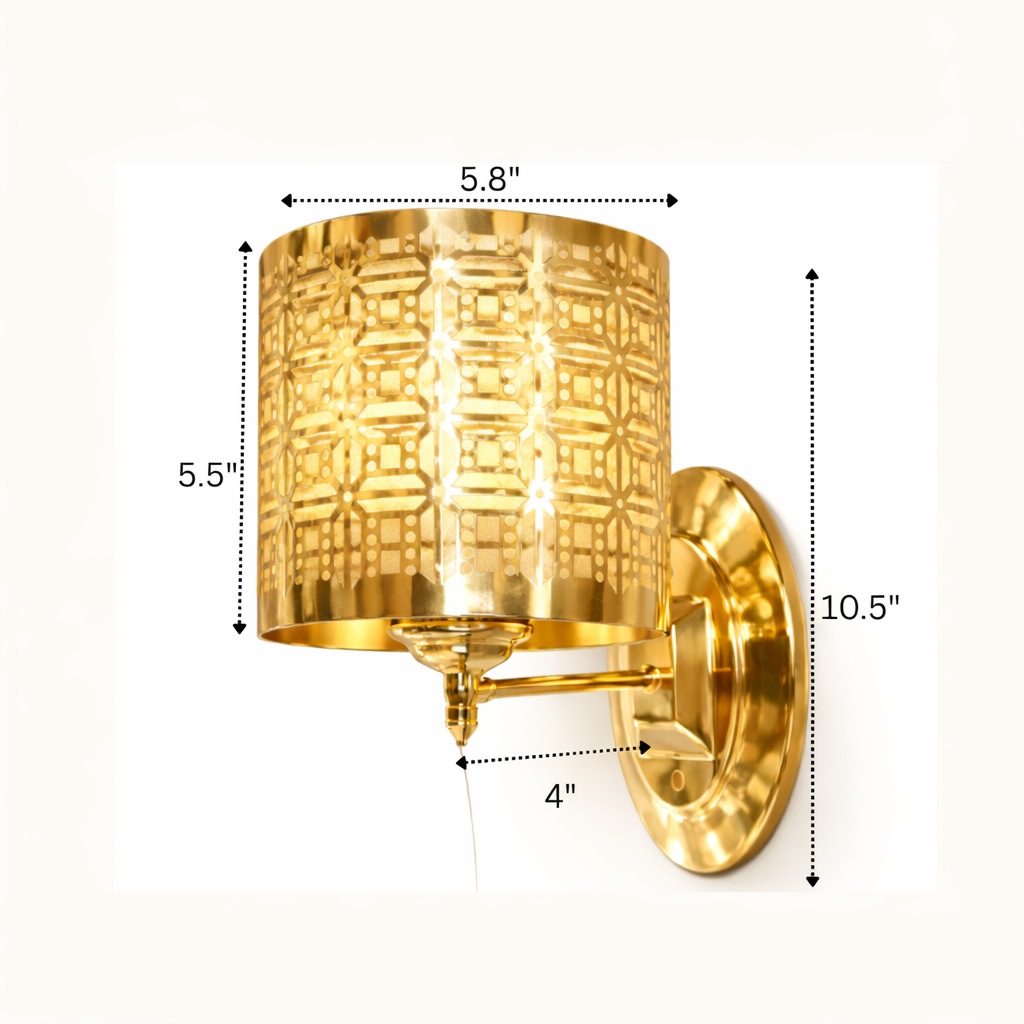 Gold wall sconce with dimensions on a white background