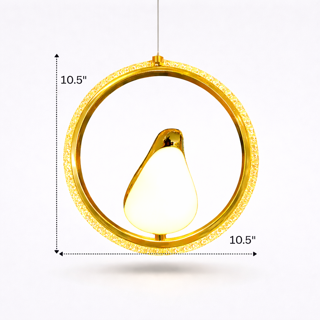 Gold circular pendant light with measurements on a white background